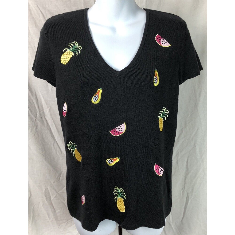 Vintage Boutique Knit Sweater L Fruit Appliqué shortSleeve Kid Core Fun Art 90s